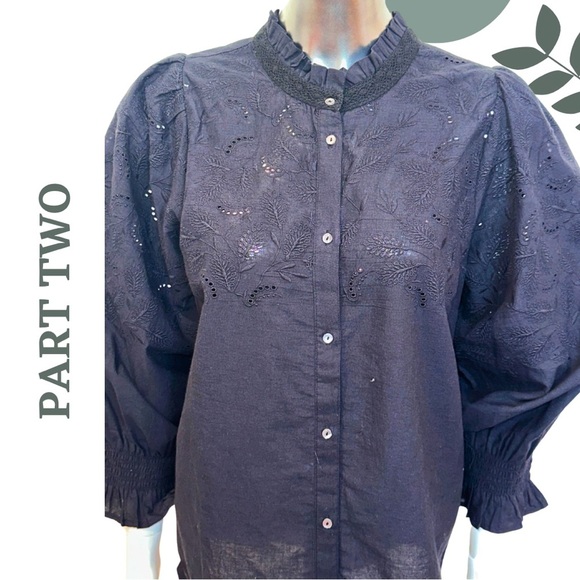 Part Two Black Statement Blouse | Eyelet Embroidered Puff Sleeve Shirt Size 8 - Picture 4 of 8